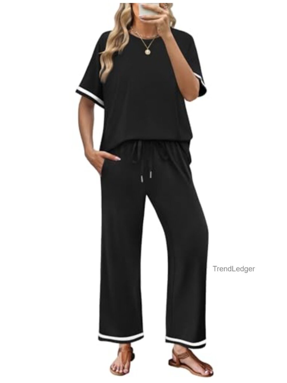 2 Piece Lounge Set Short Sleeve Wide Leg Pants Drawstring Pockets Summer